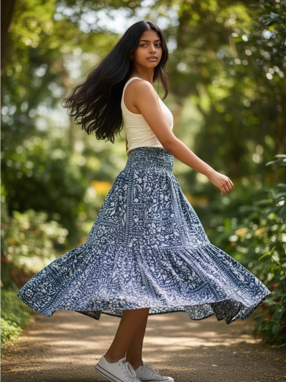 Premise Blue Patterned Tiered Maxi Skirt